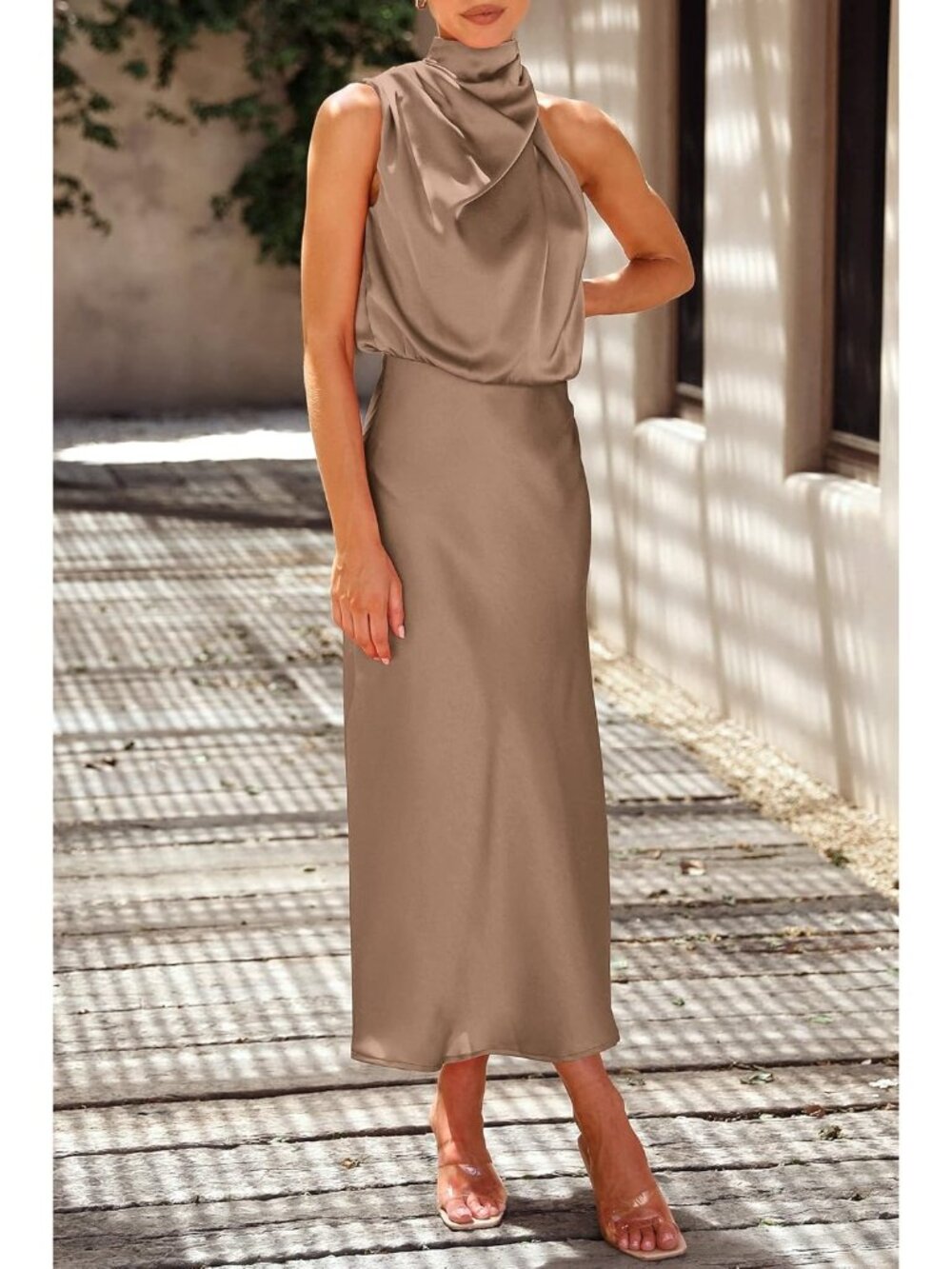 Women's Champagne Summer Satin Elegant Sleeveless Mock Neck Cocktail Maxi Dress - Picture 6 of 6